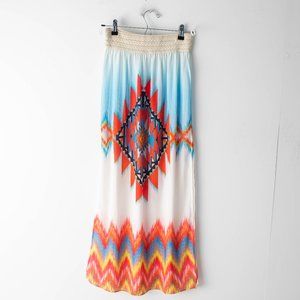 Poetry♡♡ Women's Medium Aztec Print Long Double Slit Skirt‎ Elastic Waist